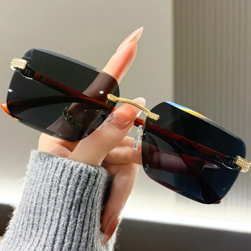 Modische rahmenlose Sonnenbrille mit Meeresplatten, getrimmter Holzmaserung, Beinrahmen, Retro-Sonnenbrille für Herren und Damen