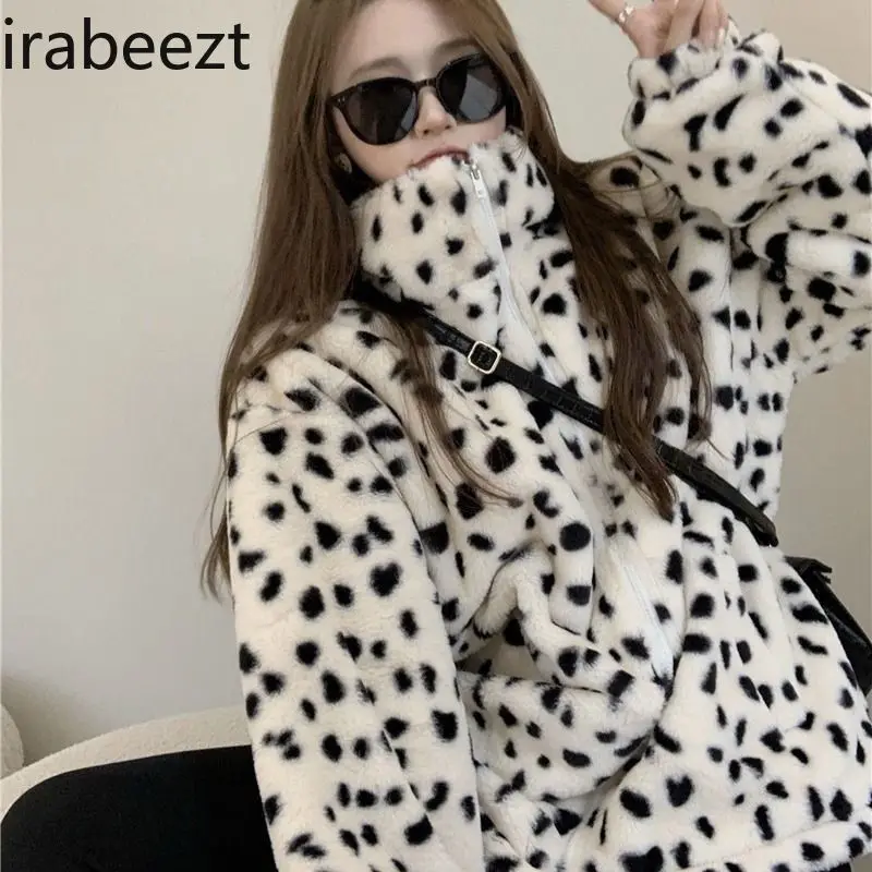 Women Europe Fashion Design High-end Retro Leopard Print Coat High Neck Zipper Cow Print Thickened 2024 Jacket Women