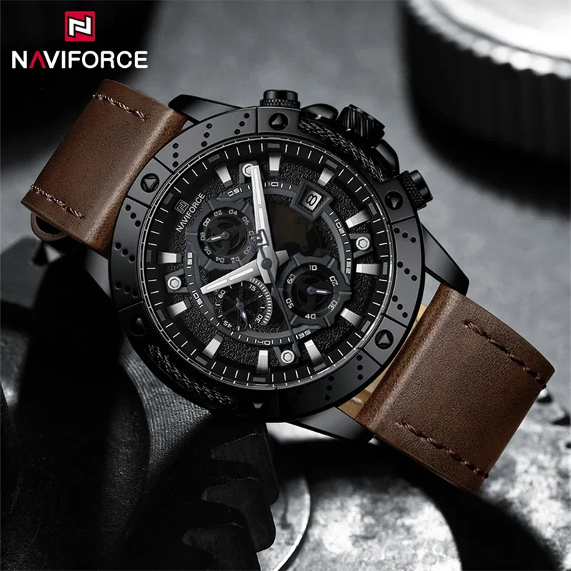 NAVIFORCE Luxury Men Chronograph Watch Waterproof Sport Luminous Quartz Wristwatches Leather Strap Date Clock Relogio Masculino