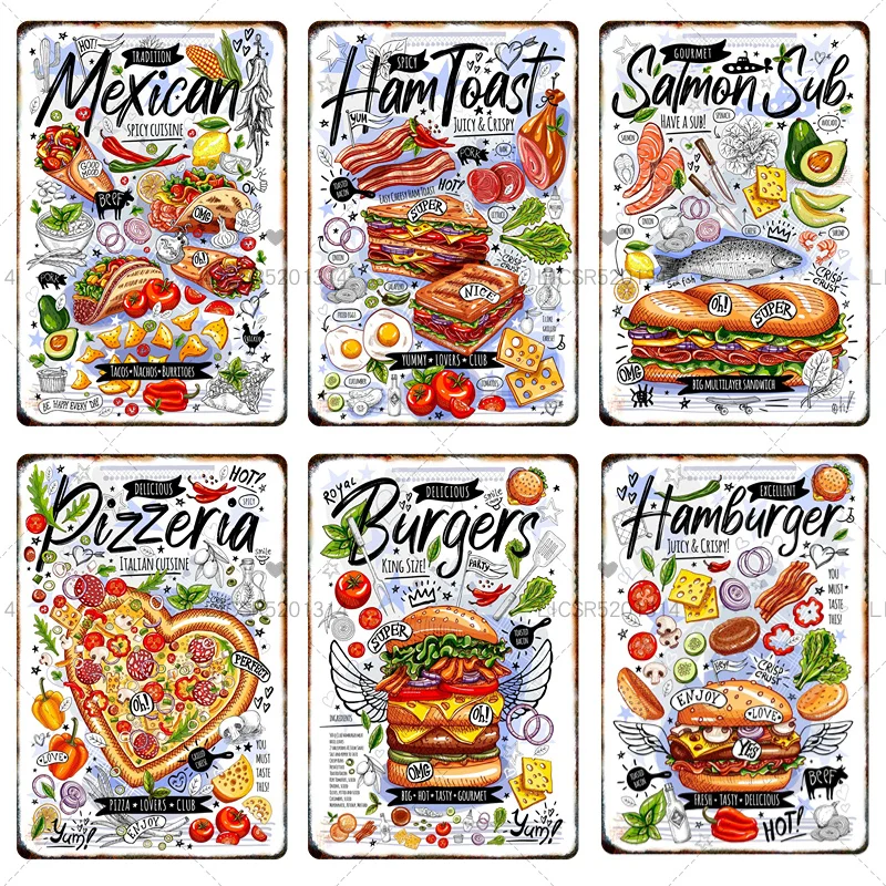 Creative Food Tin Painting Metal Sign Burger Pizza Poster Home Kitchen Café Restaurant Bar Party Art Painting Wall Decoration