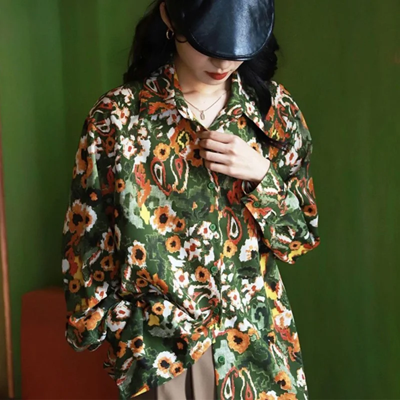 Women Clothing Vintage Printing Multicolor Turn-down Collar Long Sleeve Blouse Autumn Trend Buttons Loose Shirts Femme Flowers