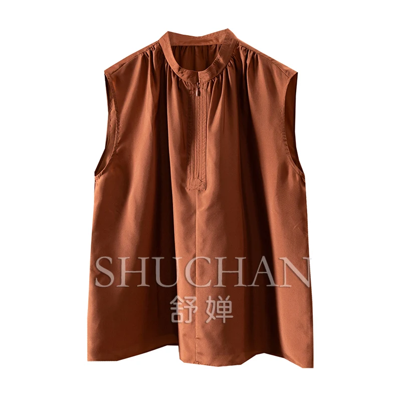 

Путешествие в город, с тонким темпераментом, майка с воротником-стойкой, 100% натуральный шелк, корейская модная одежда, милые топы