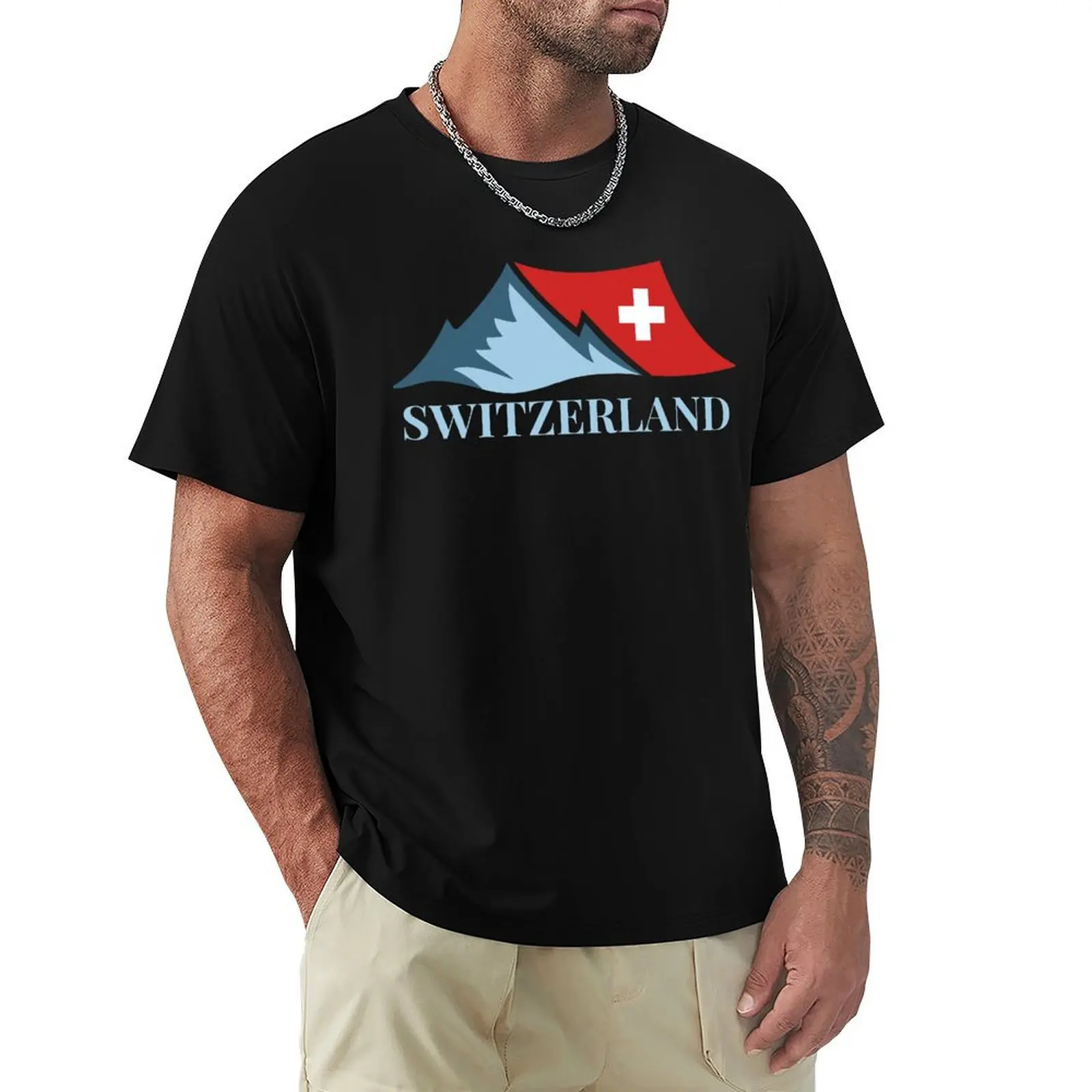 Swiss Alps with Swiss Flag - Travel T-Shirt Quick Dry Sports Short Sleeve Tee