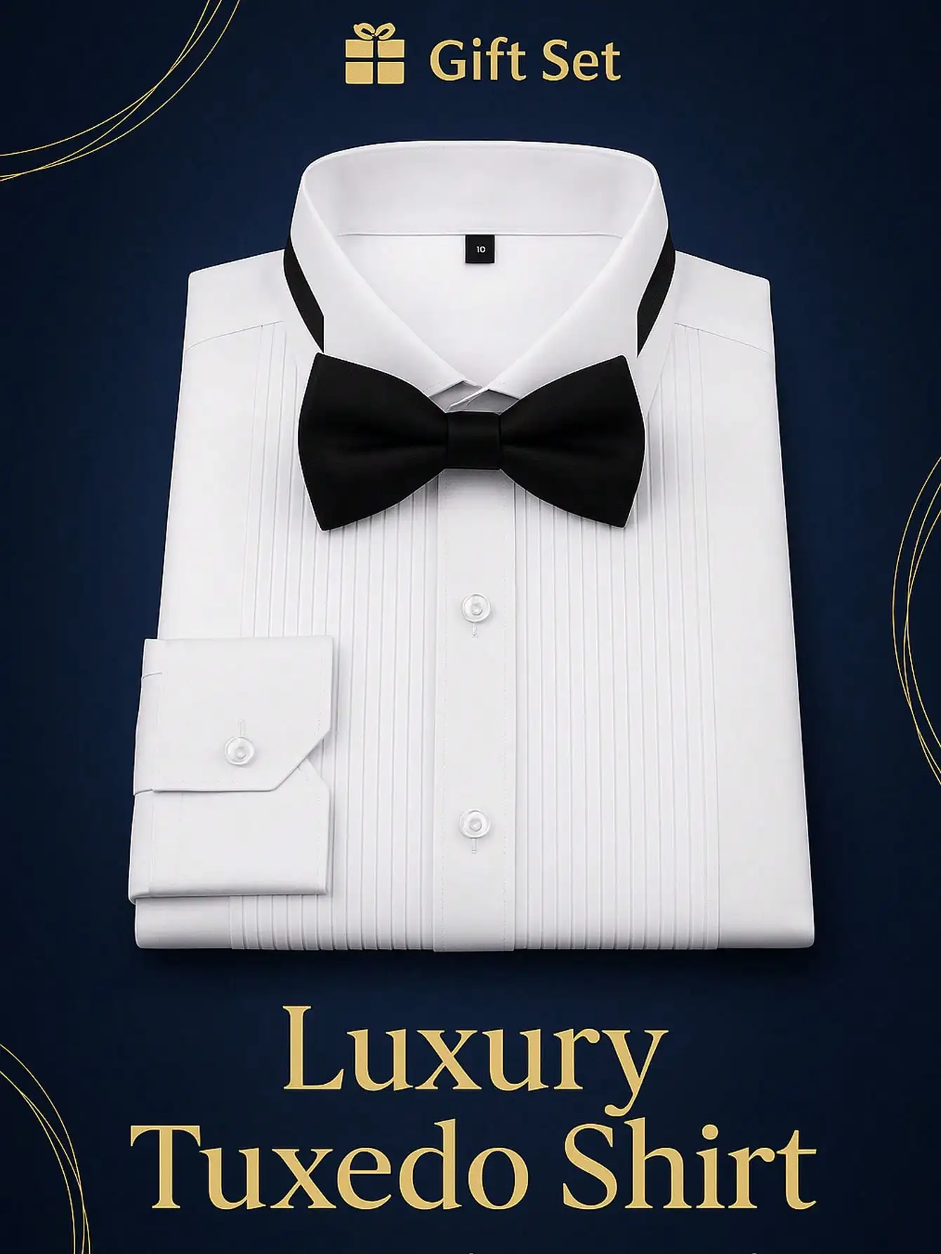 

White Pleated Tuxedo Shirt with Black Bow Tie Gift Set - Formal Wear for Weddings & Galas