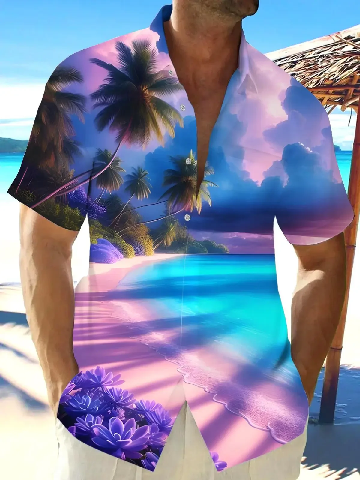 

New Hawaii Spring/Summer Fashion Leisure Street Walk Tourist Beach Printed Full Open Short Sleeve Button Shirt, Quick Shipping