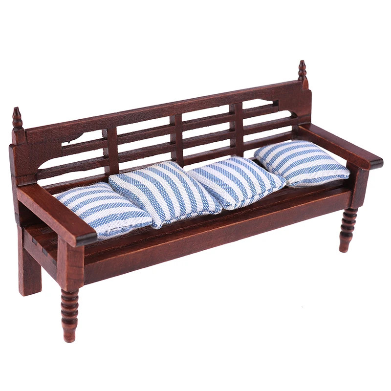 1:12 أريكة مصغرة لبيت الدمى مع 4 وسائد لعبة أثاث بيت الدمى الخشبي #5