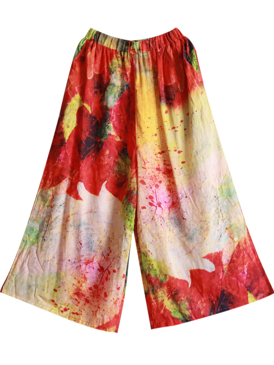 

LZJN-Women's Summer Double Pocket Loose Slimming Casual Pants, Plus Size Travel Pants, Painted High-Waisted Wide-Leg Pants