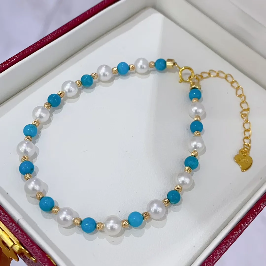 

Fresh S925 Silver With 5 - 6mm Aurora Freshwater Akoya Pearls Natural Turquoise Bracelet String Beaded Strand Handmade Jewelry