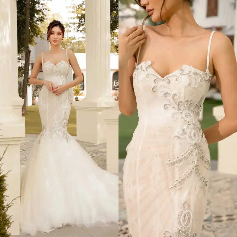 

Luxury Mermaid Gown Wedding Dresses Spaghetti Strap Floor-Length Bridal Gowns Floor-Length Vestidos De Novia Colour Customized