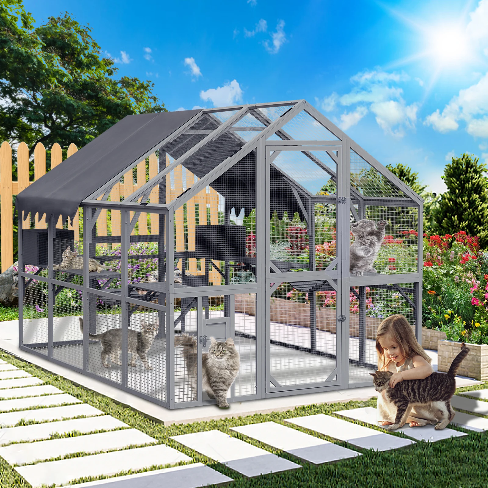 Large Outdoor Cat Enclosure 110 Inch Playpen Multi Platform Indoor Outdoor Waterproof Cat House Backyard Garden Pet Cage for Kittens And Small Cats
