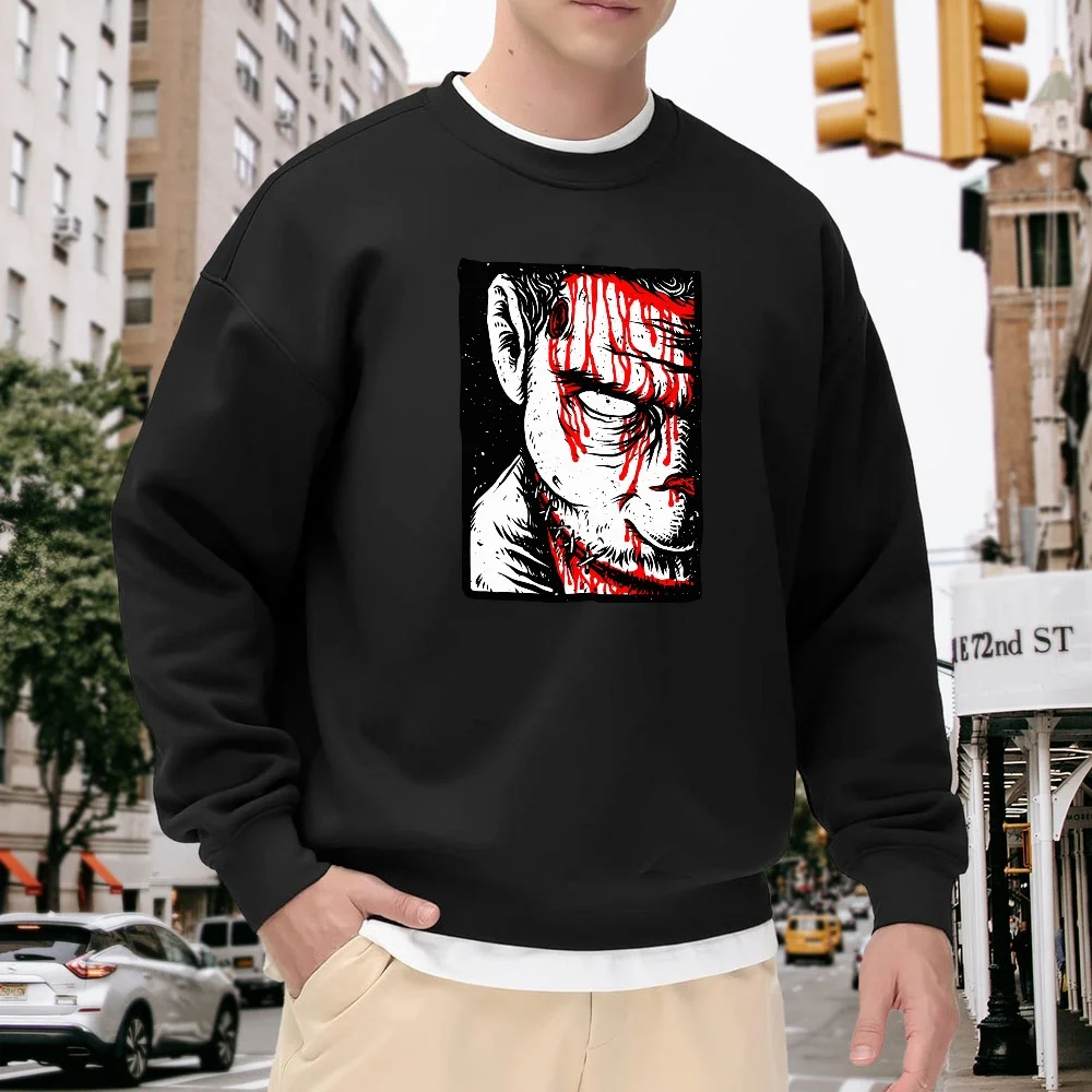 

Men's Black Crew Neck Pullover Sweatshirt, Street Fashion Portrait Print Top, Loose Fit, Casual and Versatile Trendy Style, Comfortable, Breathable, Fashionable Item