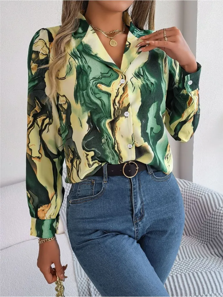 

Ladies Printed Chiffon Shirt For Spring And Summer Casual Long Sleeved V-neck Loose Fitting Shirt For Office Women Button Up Top