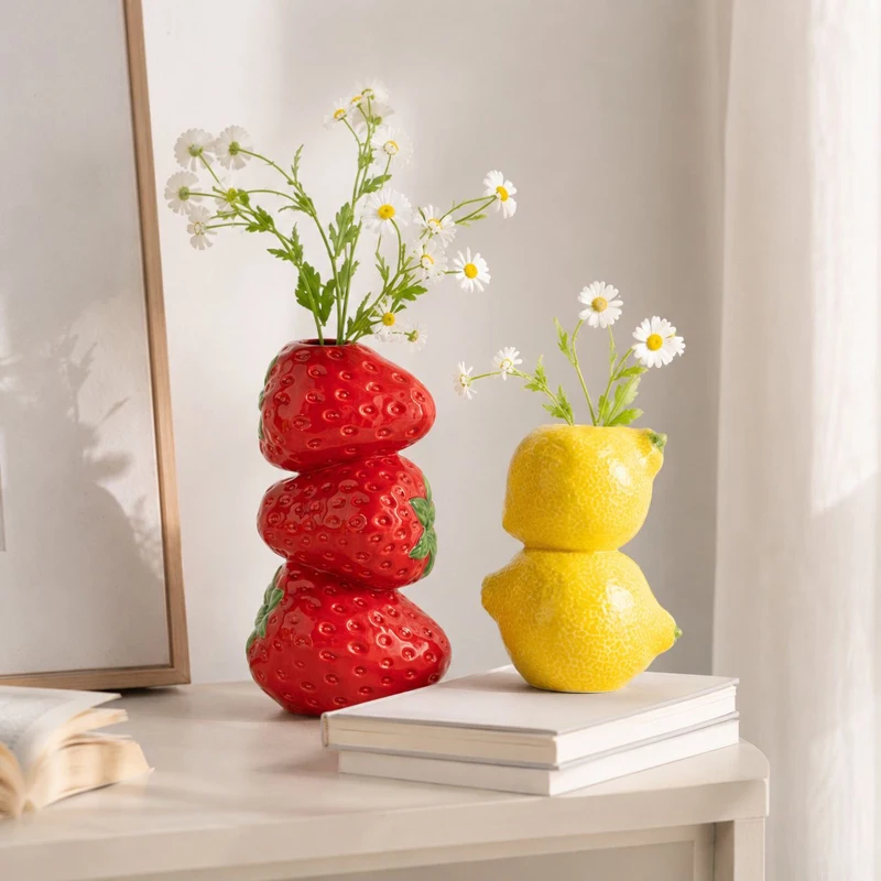 Nordic Ceramic Irregular Style Strawberry, Fruit Shape Vase, Home Dining Table Living Room Bedroom Flower Decor Accessories, 1Pc