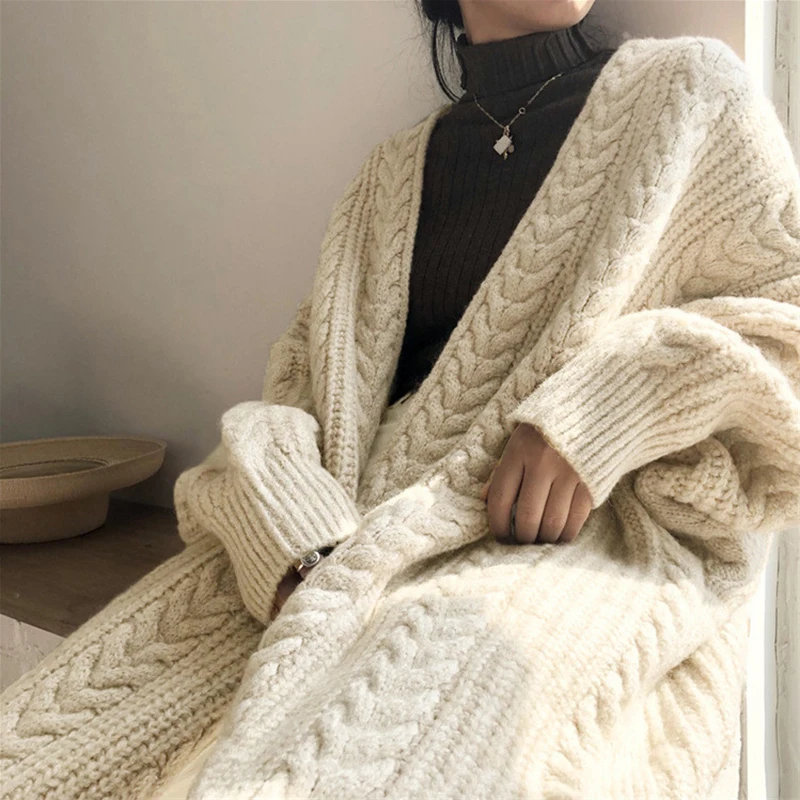 Chique herfst winter losse verdikte warme lange gebreide open vest trui dames Faion V-ne button-up casual bovenkleding