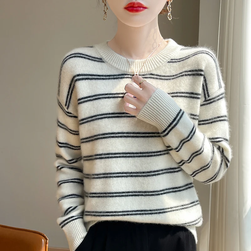 ZYCZCXX Women's Crew Neck Striped Jumper Autumn/Winter 100% Merino Wool Sweater Thickened Warm Fashion Women's Wear