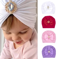 Cute Shining Rhinestone Bowknot Infant Indian Hat Soft Skin-friendly Cotton Baby Girl Caps Turban Fashion Handmade Bows Headwear