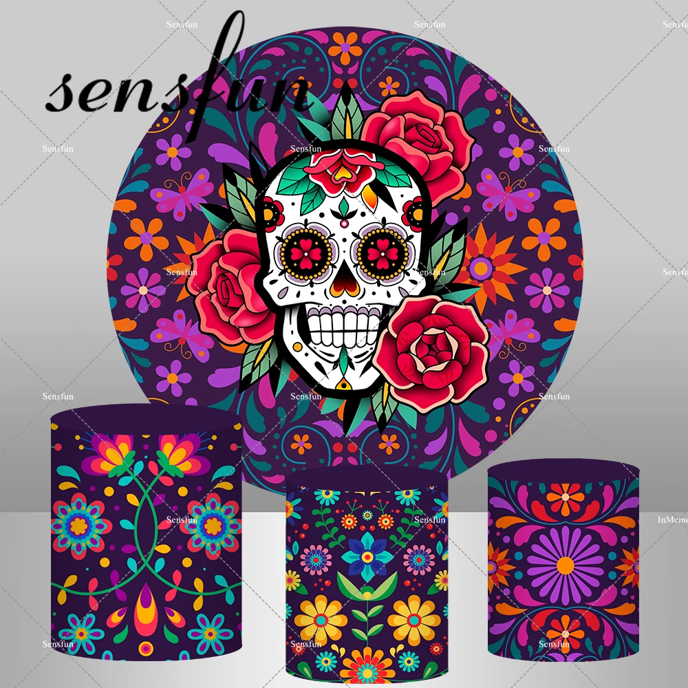 Mexican Day of The Dead Round Backdrop Dia DE Los Muertos Background Fiesta Sugar Skull Photography Photo Studio Plinth Covers