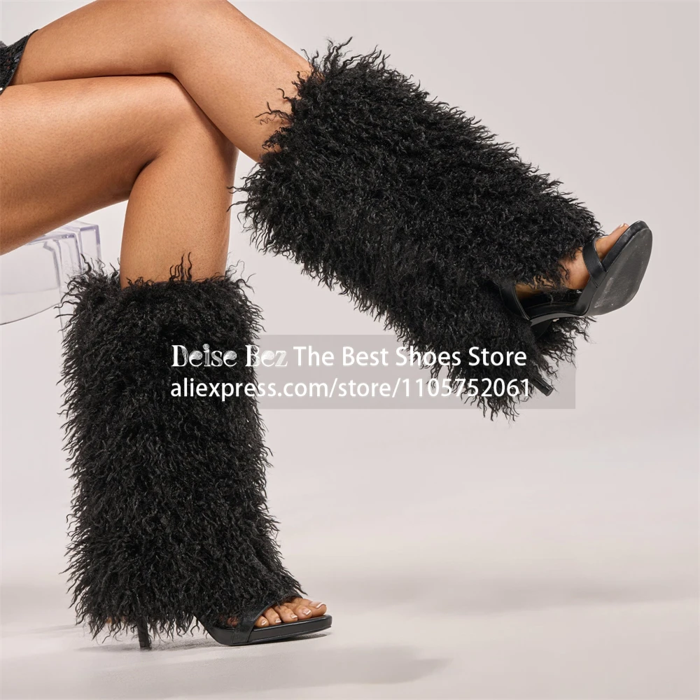 Shaggy Curly Faux Fur Sandal Boots Fluffy Curly Fleece High Heel Open Toe Mid Calf Boots Designer Style Handmade Summer Booties