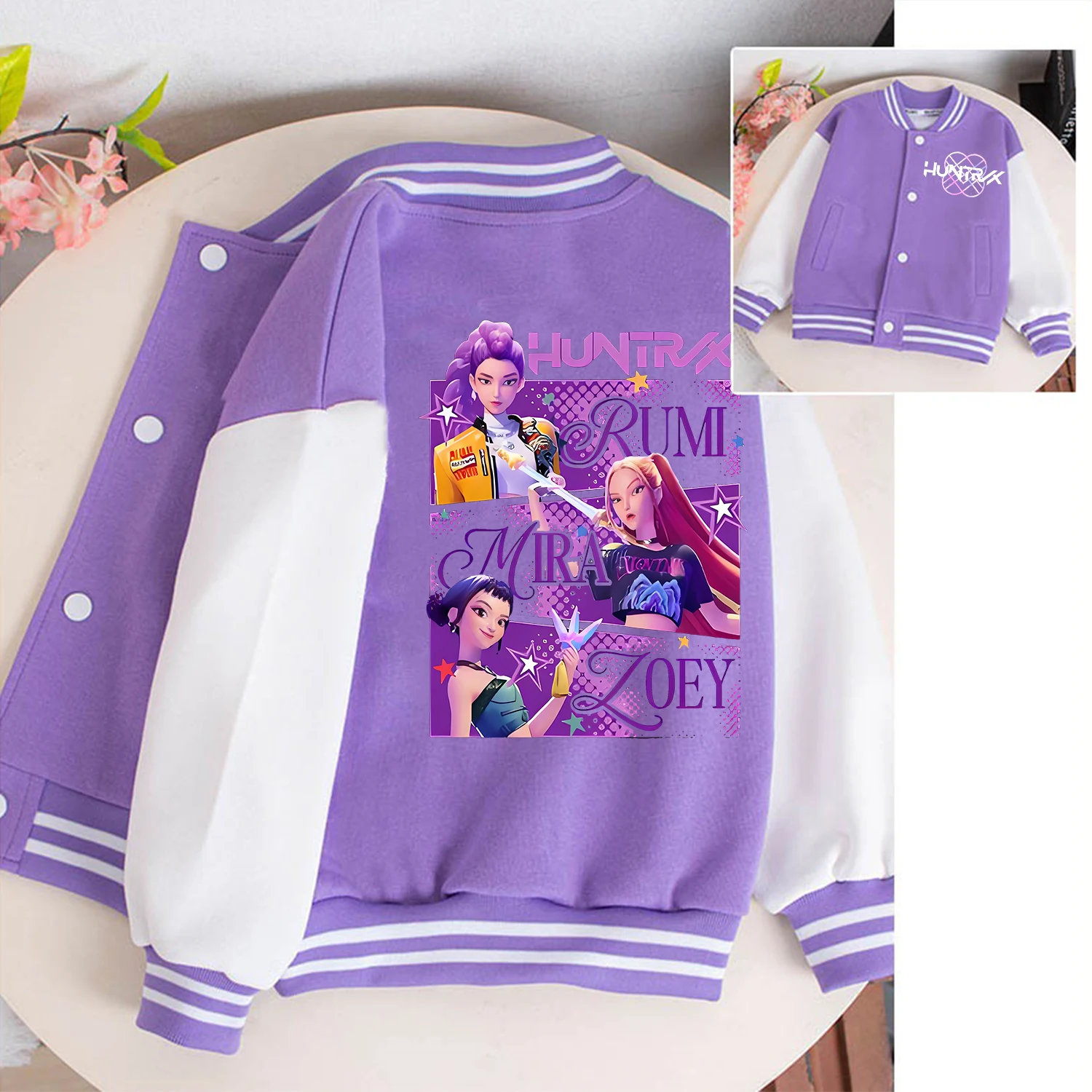 Kpop Demon Hunters Baseball Uniform dla dzieci Kawaii Cartoon Coat Purple Jacket Fashion Anime Clothes Kids Long Sleeves Gift