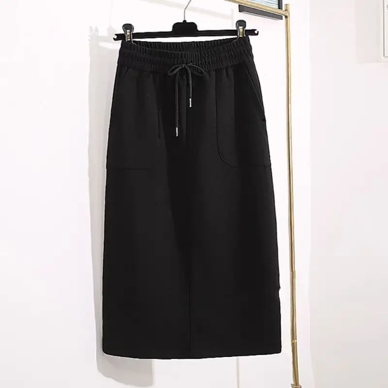 Casual Sweater Half Skirt Women's Spring Autumn New Elastic High Waist Drawstring A-line Skirt Split Straight Mid Lengt Skirt