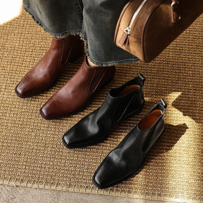 Women Genuine Leather Ankle Boots Vintage Washed Cowhide Short Boots Block Heel Casual Retro Women's Booties Autumn Winter Shoes