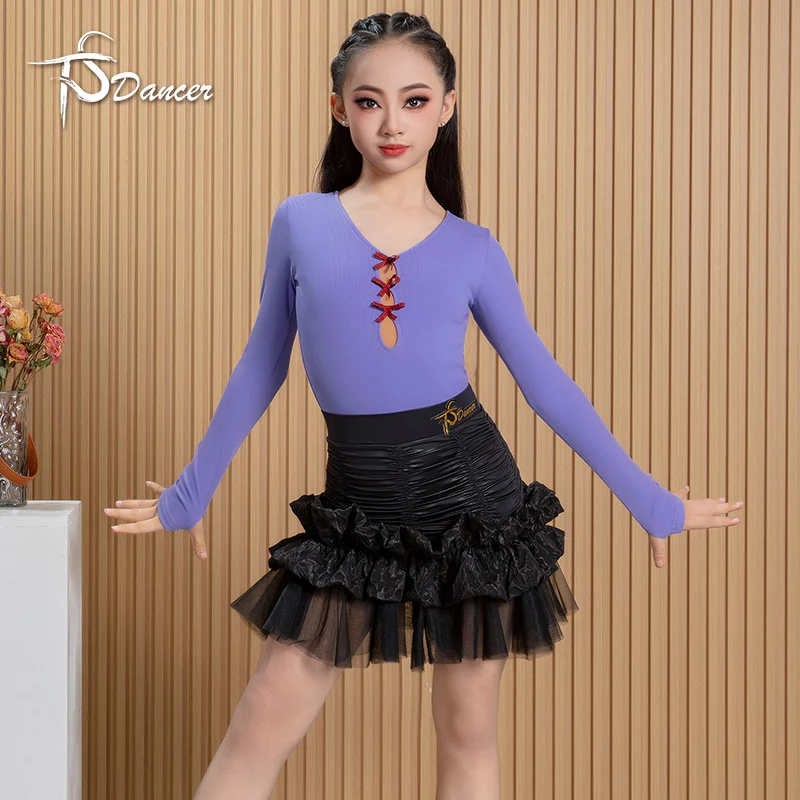 

New Latin dance costume for children and girls, bow tie split lace practice performance costume, class uniform, slim fit skirt