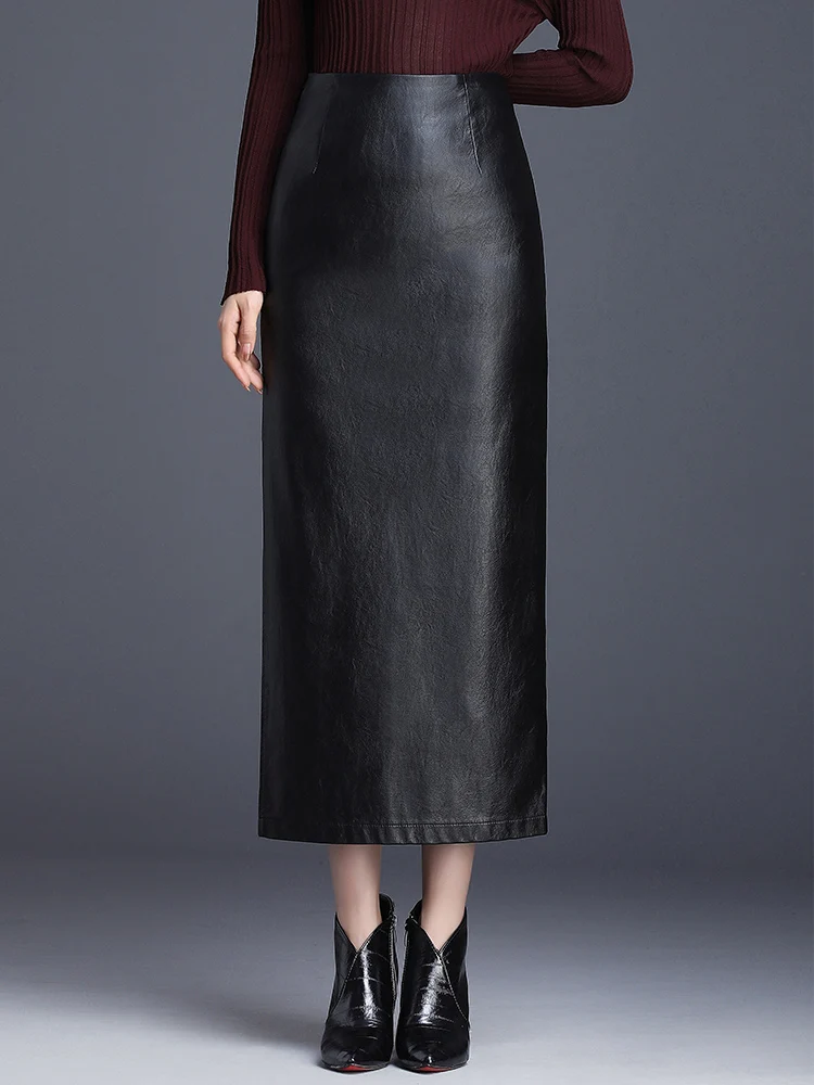 Fall Winter Women Black High Waist Occupation Work PU Leather Skirts S-3XL Female Ankle-Length OL Office Casual Pencil Skirt