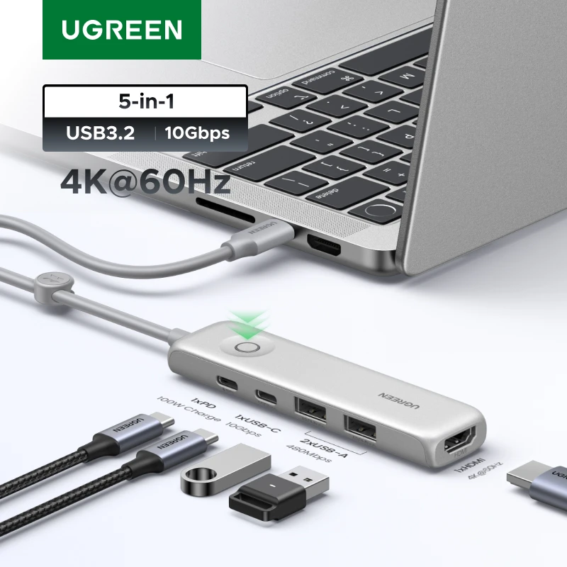 UGREEN 5-in-1 USB HUB Type-C to 4K60Hz HDMI USB3.2 Gen2 10Gbps Data Transfer USB2.0 PD100W for Laptop MacBook Samsung HP Dell