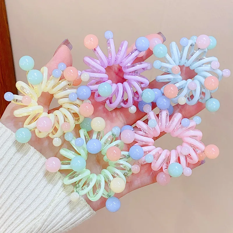 Telephone Wire Hair Ties Phone Cord  Ball Beads Spiral Shape Candy Color  Elastic Hair Band Women Accessories