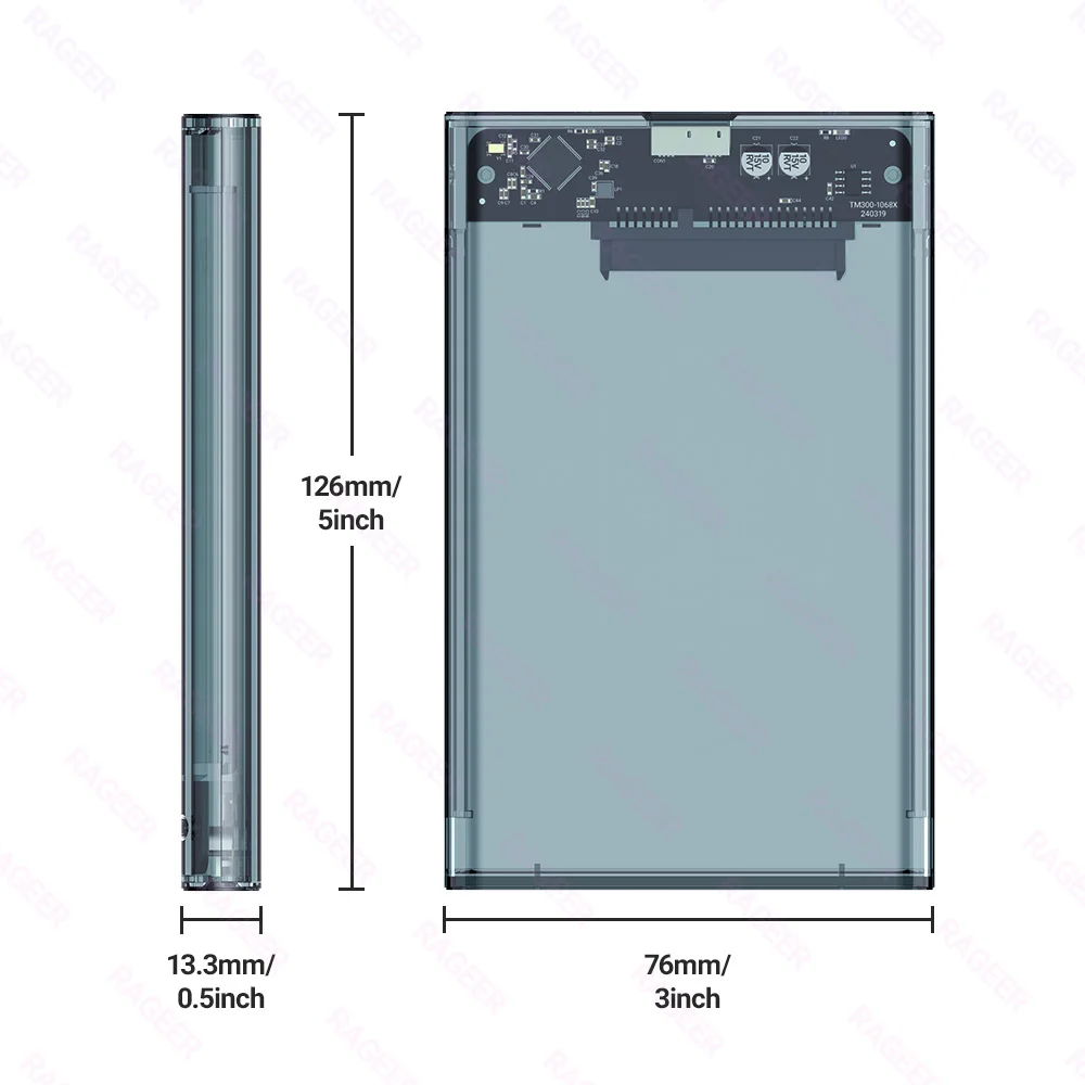 RAGEER Werkzeugloses, transparentes graues 2,5-Zoll-Externes Festplattengehäuse USB auf SATA III 5 Gbit/s Festplattengehäuse für 7 mm/9,5-mm-Laufwerke mit UASP