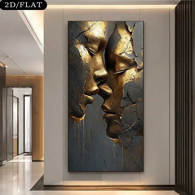 2D Flache Große Abstrakte Goldene Liebespaar-Kuss-Leinwand Wandkunst Rahmenlos Moderner Luxuriöser Leinwanddruck für Wohnzimmer-Dekoration Geschenk