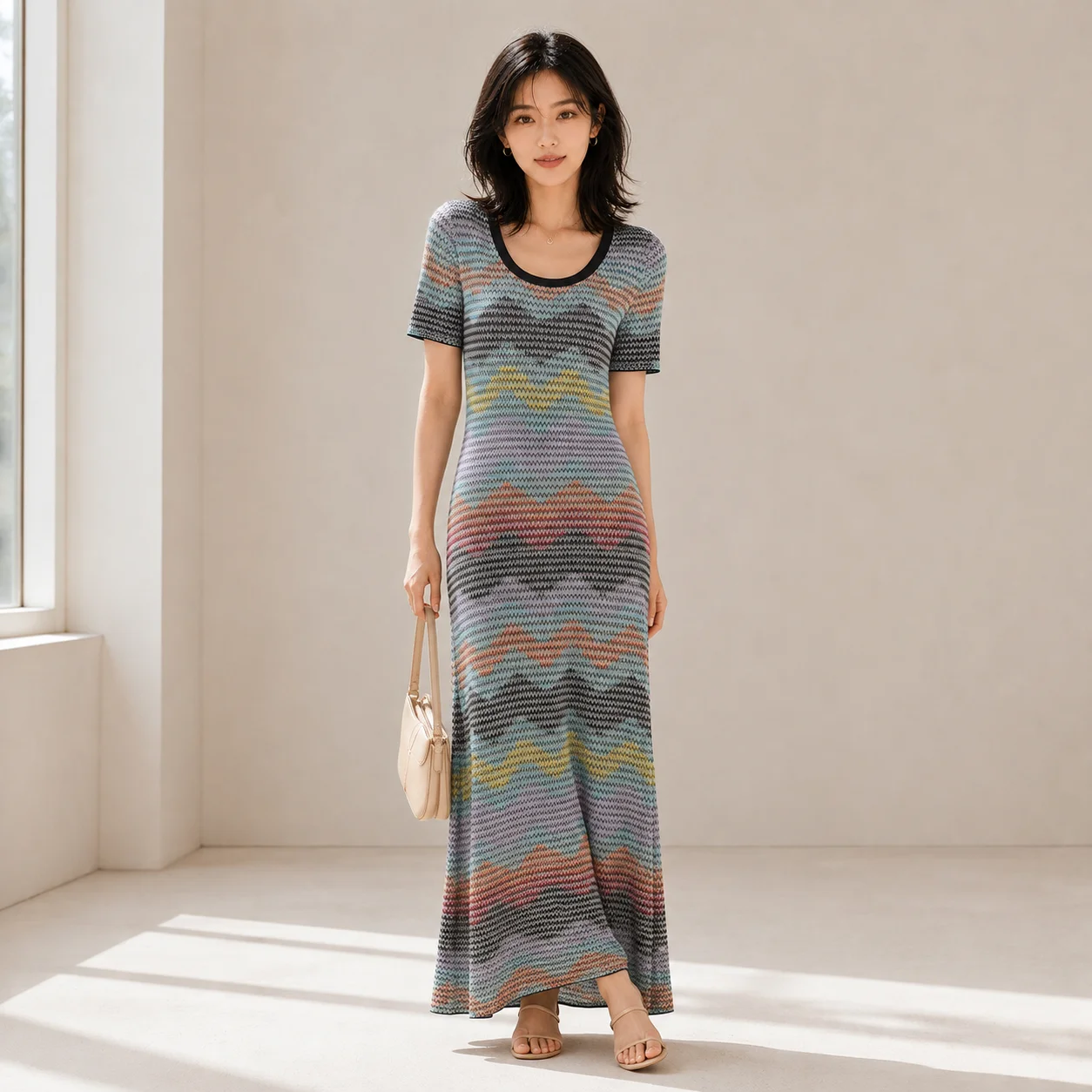 Summer 2026 Colorblock O-neck Long Dress for Women Short Sleeve Striped Wavy Knits Slim Fitted Fashion Wear