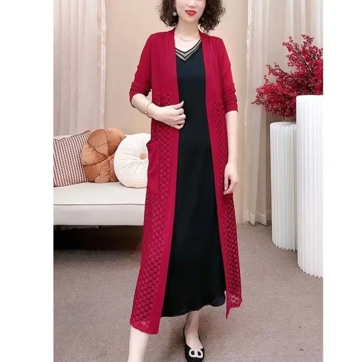 Summer Cardigans Sun Protection Fashion Versatile Slimming Age Reducing Outerwear Long Shawl Middle-aged Women\'s Jacket