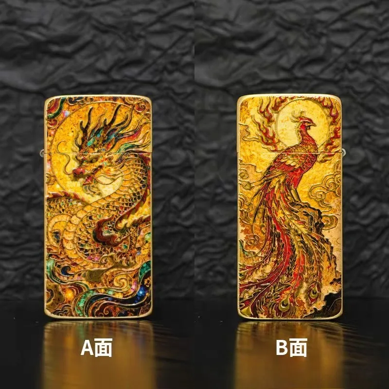 

New ZC5 Ultra-thin Brass Double-sided Embossed Gilt Dragon and Phoenix Chengxiang Creative High-end Kerosiene Ultra-thin Lighter