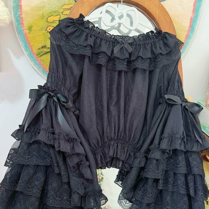 المرأة الفيكتوري الحلو مقوس دانتيل Y2k لوليتا البلوزات الكشكشة مضيئة كم قمصان اليابانية Kawaii قميص Mujer بلايز فساتين
