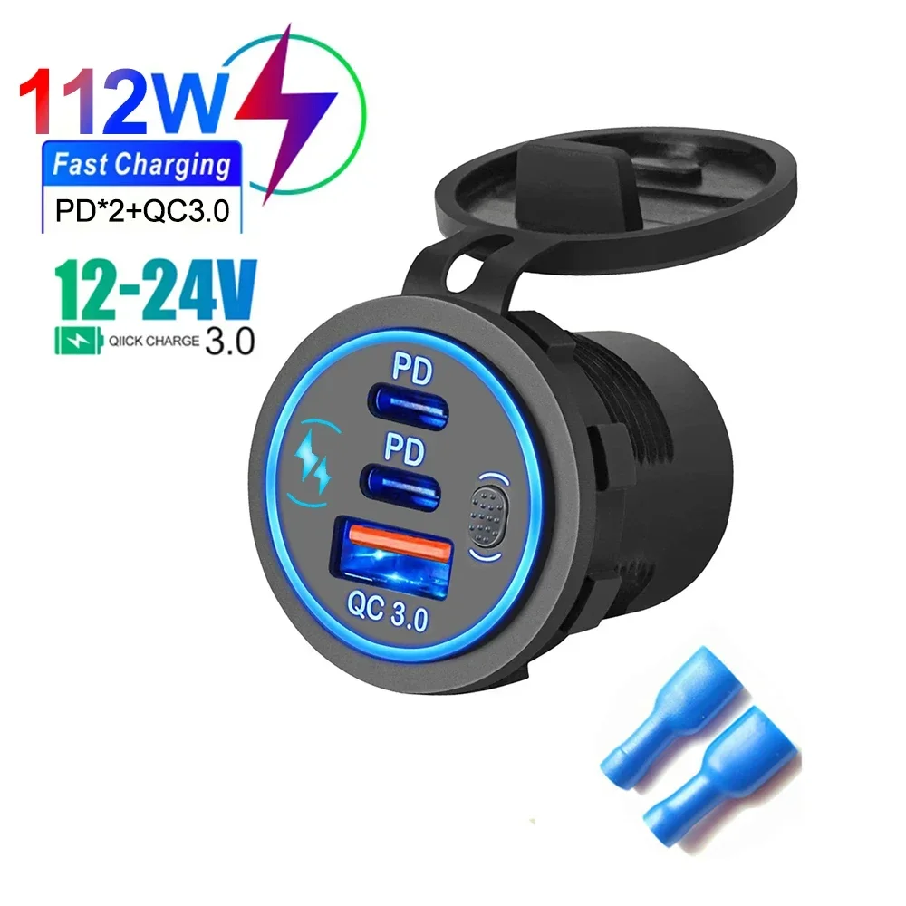 3-Port-Schnellladegerät mit Dual PD & QC 3.0, 12-24V Auto- und Motorrad-Ladebuchse für Motorräder, Boote, Marine, LKW, ATV