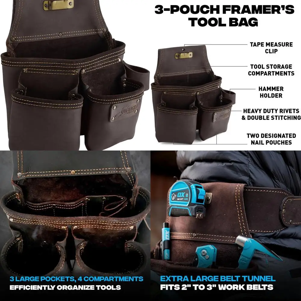 

Carpenter's 7-Pocket Oil-Tanned Leather Tool Belt with Fastener Pouch and Hammer Holder - P263203