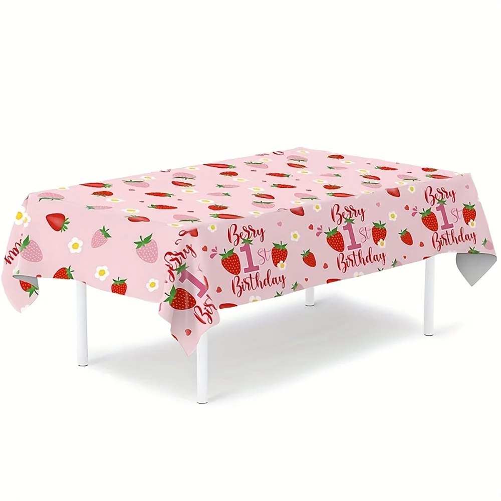1pc  Strawberry 1st Birthday Pink Tablecloth,  Disposable or Reusable Party Table Cover for First Birthday Decorations