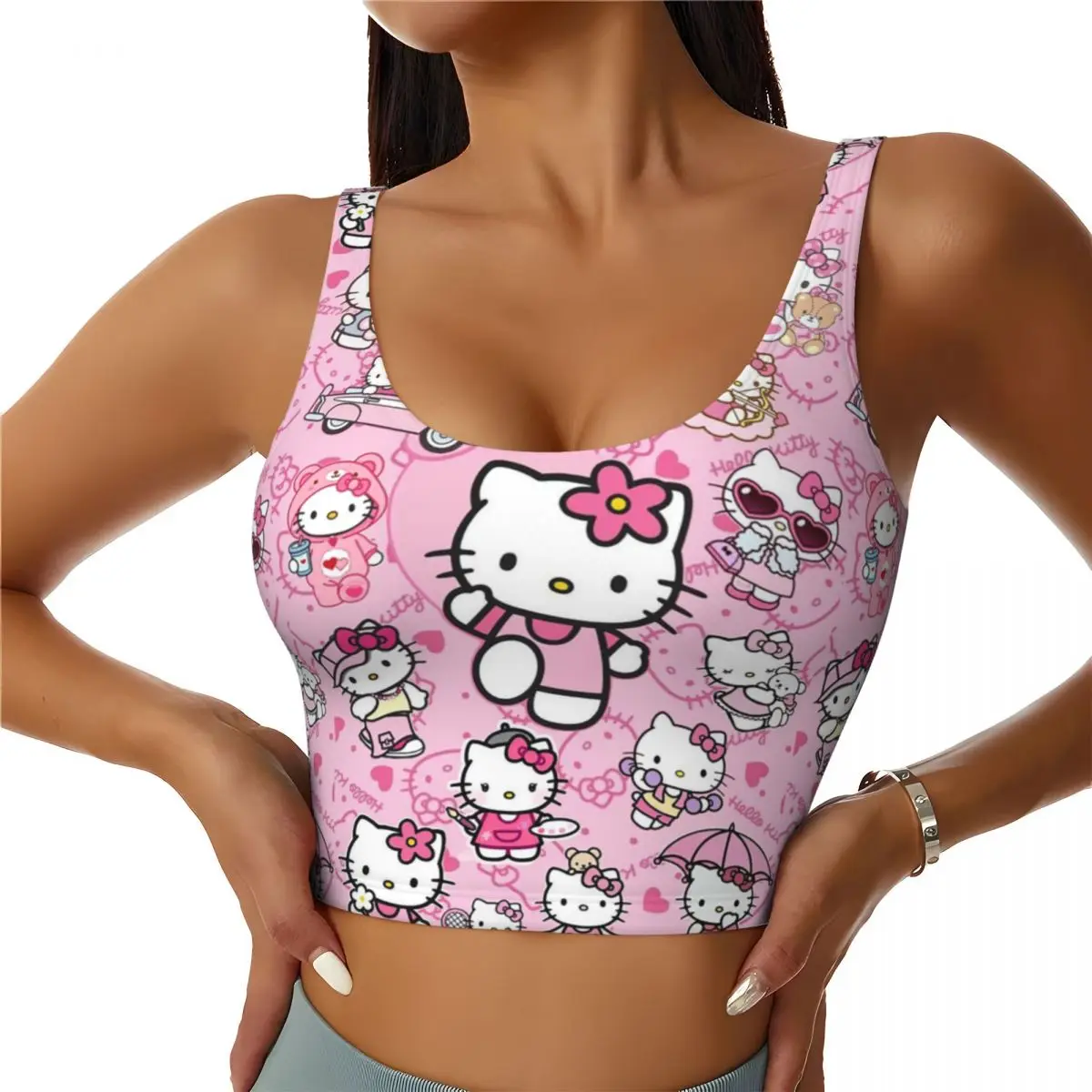 Custom Hello Kitty Cat Anime Cartoon High Impact Sports Bras Women Seamless Workout Running Crop Tank Tops