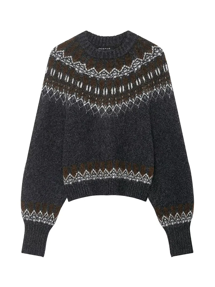 HH Mulheres Inverno Nova Moda Versátil Crew Neck Jacquard Malha Pulôver Top Feminino High Street Casual Quente Camisola de Manga Longa