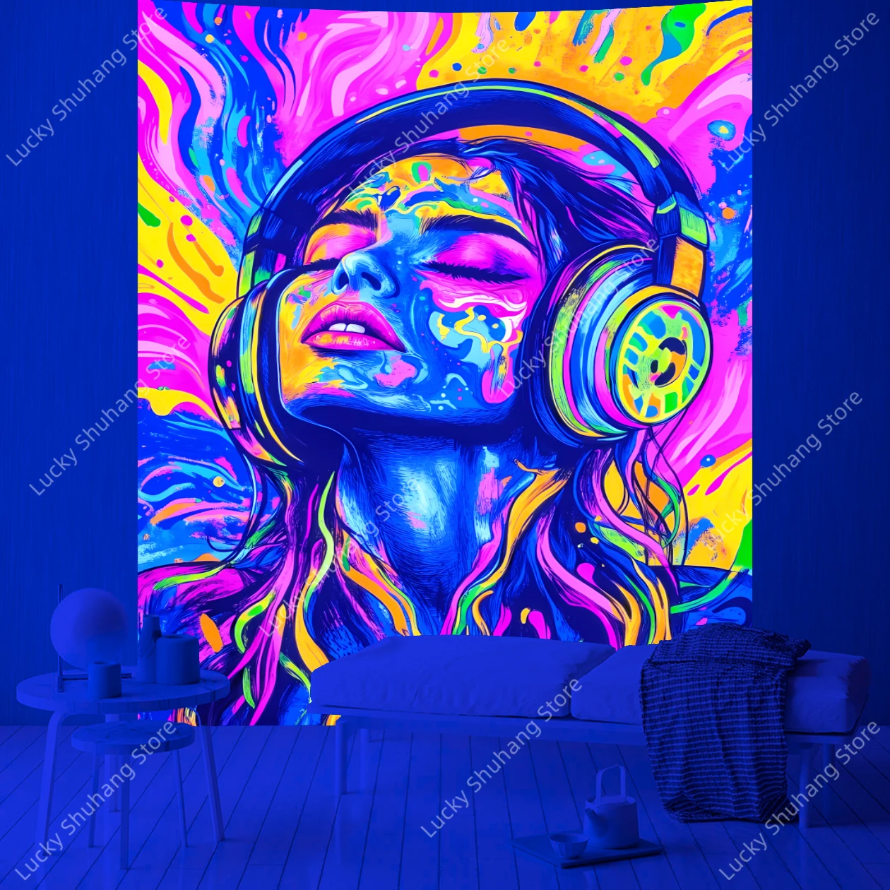 Immersive Psychedelic Headphones Music Lover Neon Colorful Wall Art UV Tapestry Bedroom Dormitory Sitting Room Playroom Decor
