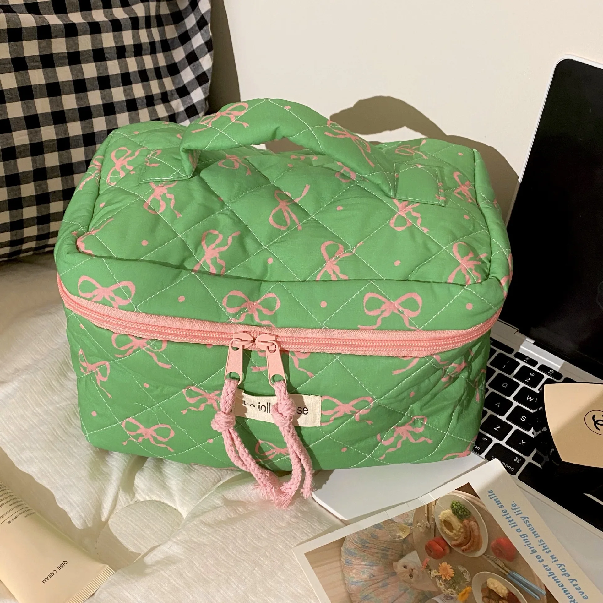 Borsa per il trucco con fiocco a contrasto rosa verde borsa da toilette portatile da viaggio di grande capacità