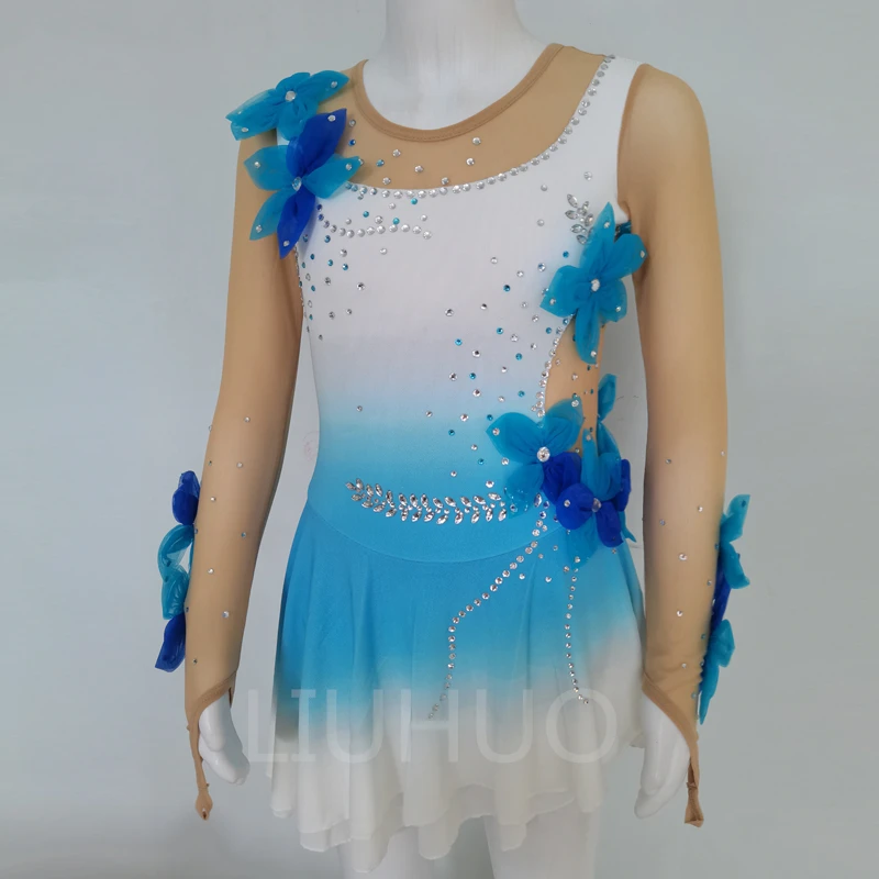 Skate Kleid Gymnastik Kleid benutzer definierte blaue Eiskunstlauf Show Kleid Hersteller direkt Skating Kleid wettbewerbs fähige Kleid Gaze d