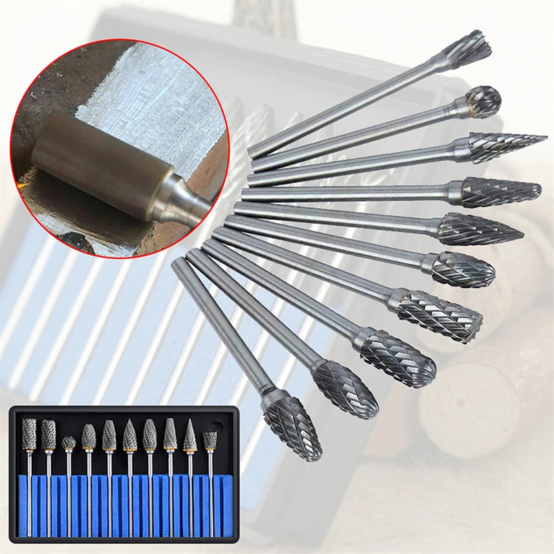 10pcs Double Cut Carbide Rotary Burr Set Drill Bits Rotary Burrs Metal Diamond Grinding Woodworking Milling Cutters Hardware