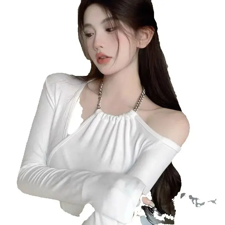 Off-Shoulder Chain Halter Neck T-Shirt Spring Autumn New Hot Girl Irregular Temperament Versatile Slimming Long-Sleeved Top