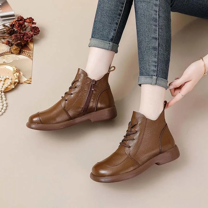 2025 Winter Genuine Leather Shoes Women Ankle Boots Warm Plush Retro Soft Cow Leather Brand Ladies Snow Boots Plus Size 41 D622