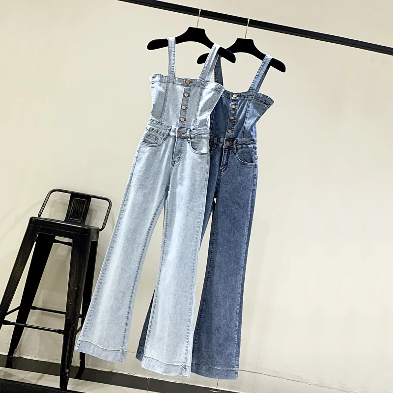 

Women's Denim Jumpsuit Spring Autumn Korean Style Casual Solid Color Ankle-Length Flare Jean Jumpsuits for 18-24 Years Old