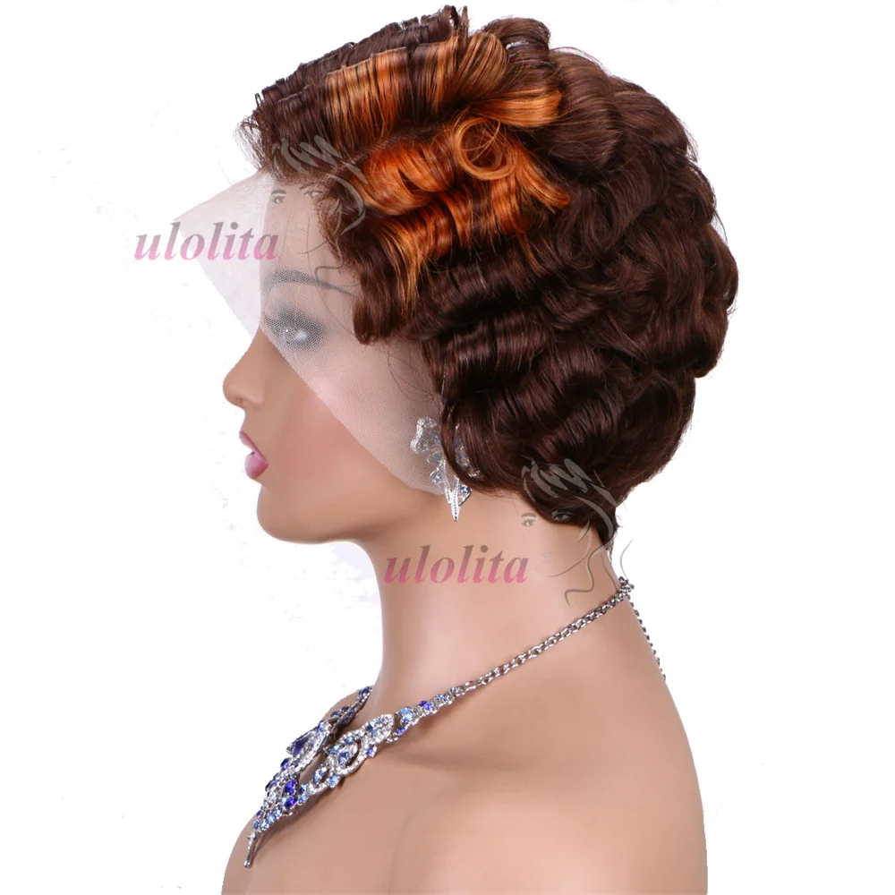 # 4 Schokoladenbraune 13x4 kurze Bob-Perücken mit lockerer Welle, gebleichten Knoten, Pixie-Schnitt, HD-transparenter Spitzenfront, Echthaarperücke – Detail 30