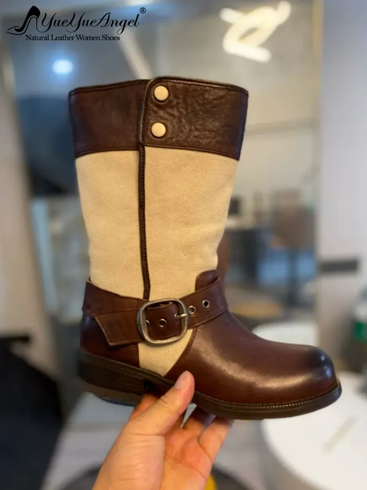Women Cowboy Genuine Leather Boots Patchwork Canvas Vintage Handmade Designer Shoes Female Vintage Chunky Heels Short Boots