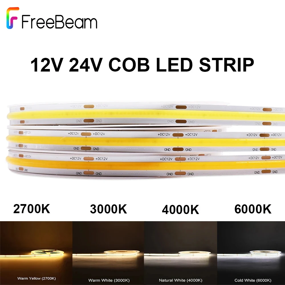 

12V 24V LED Strip COB Light Flexible Ribbon Lamp Dimmable Light Bar 2700K 3000K 4000K 6000K High Density LED Tape For Home Decor